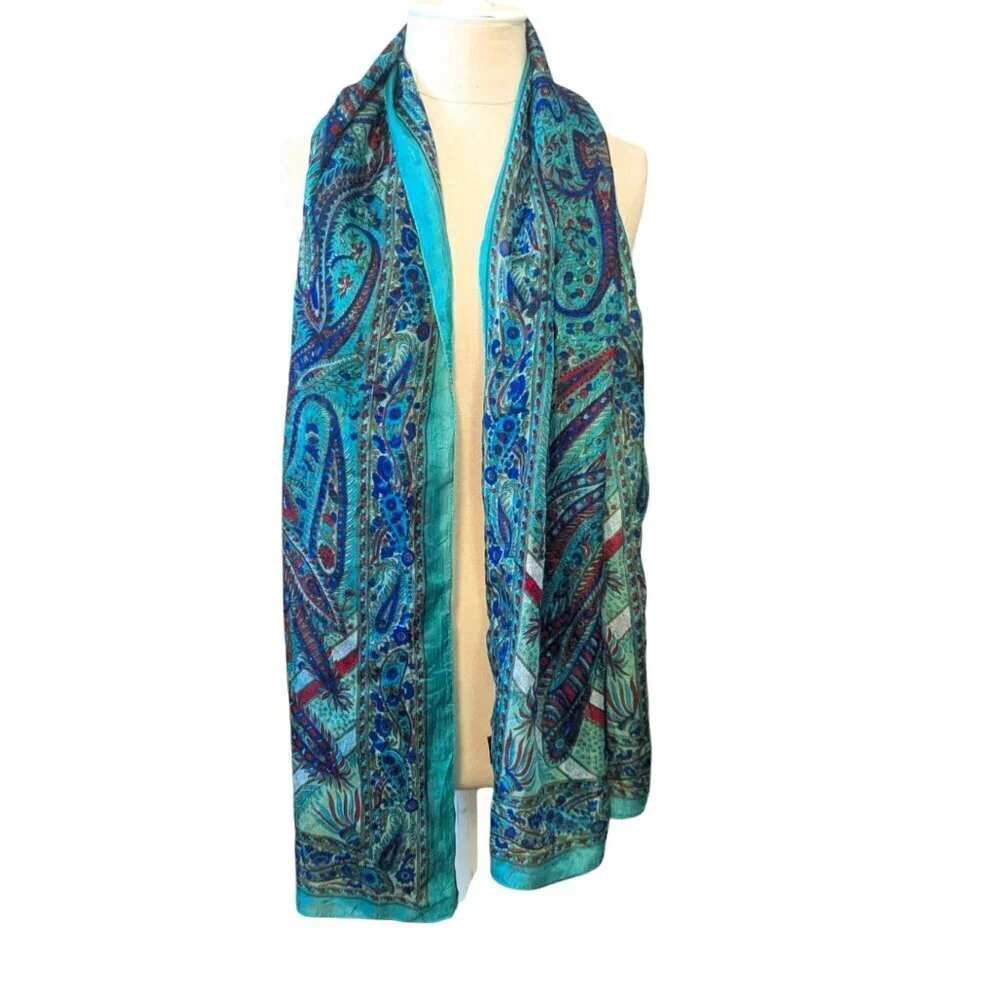 Vintage Silk Scarf‎ Paisley MCM Indian Long Wrap Headband Boho Feathers Festival